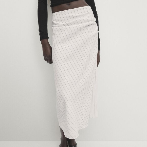 MASSIMO DUTTI Striped Midi Skirt With Pleat Detail In White Size L NWT - Picture 3 of 13